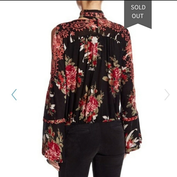 FREE PEOPLE Bainbridge Black & Red Floral Long Bell Sleeve High Neckline Shirt S - Picture 11 of 16